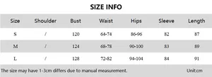 Size chart for summer pleated chiffon long sleeve dress with detailed measurements in cm