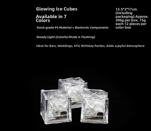 Detailed parameter table of LED ice cubes with macro view of glowing colorful light effects