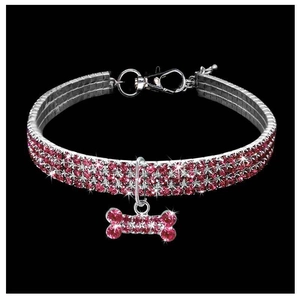 Three-row pink rhinestone pet collar featuring a sparkling crystal bone pendant and chain