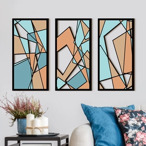 Three-piece modern abstract geometric wood wall art set in blue and orange for living room