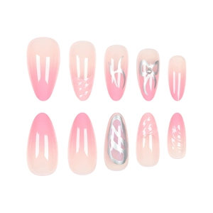 Pink gradient fake nails with silver bow patterns and 3D pearl charms, 10 piece set
