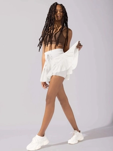 Detailed side view of high-waisted white pleated tennis skirt with drawstring waist