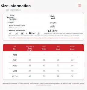Size chart for yoga vest DBX8791 featuring fabric details and measurements in S-XL sizes