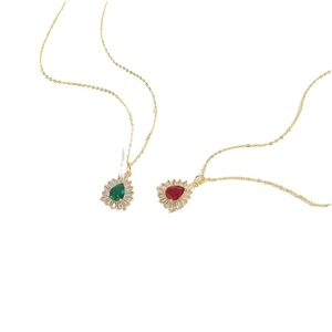 Retro modernist necklace with red and green pear-shaped teardrop pendants in gold chains
