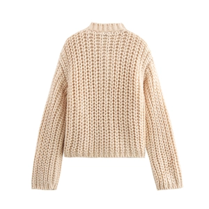Minimalist beige chunky knit cardigan sweater for women shown from the back view