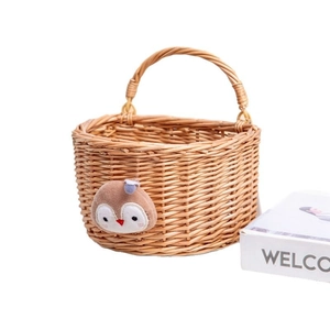 Handmade wicker storage basket with hanging handle and cute plush owl decoration