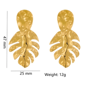 Golden leaf stainless steel earrings with hammer texture measuring 47mm by 25mm
