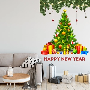Christmas tree wall sticker with gifts and Happy New Year text for living room decor