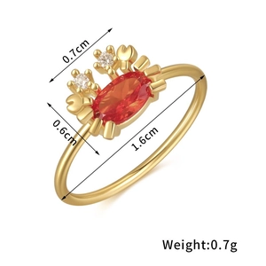 Detailed dimensions of 18K gold crab ring with red zircon stone and size indicators