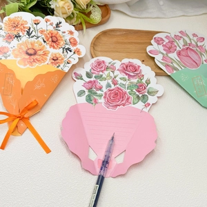 Detail of 3D bouquet greeting cards showing inner writing page and silk ribbon accents