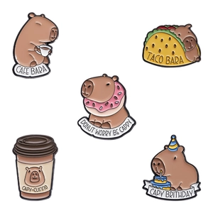 Set of five cute cartoon capybara enamel pins for backpacks and hats accessories