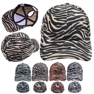 Women Cotton Ponytail Baseball Cap Zebra Stripe Print Adjustable Metal Buckle Outdoor Sun Protection Retro Hat