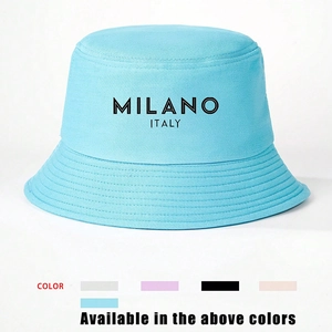 Detail view of cotton sun hat brim and MILANO text with multiple color options