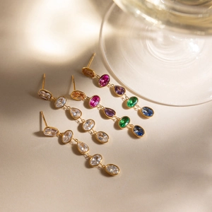 18K gold plated stainless steel tassel earrings with irregular colorful zircon stones