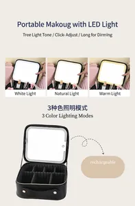 Detail view of large makeup bag with LED mirror showing three adjustable light modes