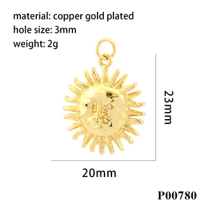Detailed dimensions of a 23mm copper gold plated sun face pendant with 3mm hole