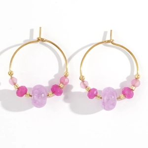 Elegant gold hoop earrings featuring faceted pink and purple gradient gemstones beads