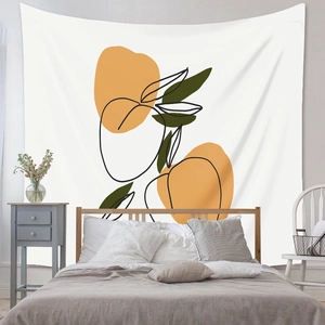 Bohemian tapestry featuring abstract orange fruit and green leaves on a white background
