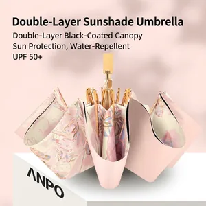 Premium double-layer UV sun umbrella with pink floral lining and wooden handle