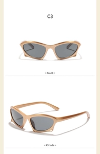 Front and 45-degree side view of gold futuristic kids sunglasses in model C3