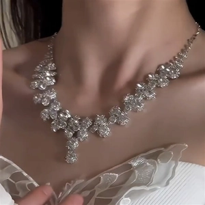 Elegante zilveren kwastjesketting set met zirkonia gedragen door een model voor gala