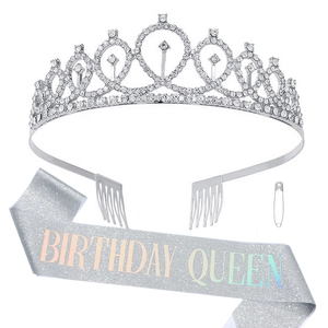 Silver birthday queen sash and rhinestone crown set with safety pin for women party