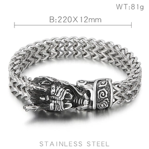 Macro shot of stainless steel dragon head bracelet with weight 81g and size details