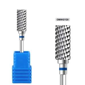 Detailed macro view of professional nail drill bit with cross-cut teeth and blue ring