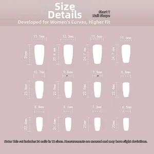 Detailed size chart for press-on nails showing 12 specific widths and lengths in mm