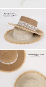 Détail du tressage en paille de papier avec bordure en dentelle blanche sur chapeau d'été