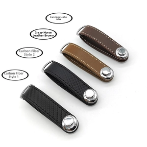 Detail of leather and carbon fiber key organizers with sturdy metal hardware