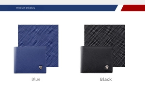 Detail showing Saffiano leather texture on blue and black men's bifold wallets