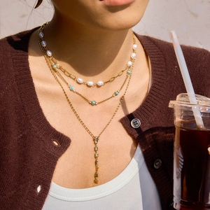 Three-layer gold titanium steel necklace with zircon Y-chain, pearls and turquoise beads