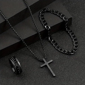 Three-piece black jewelry set with cross pendant necklace, Cuban chain and ring on cubes