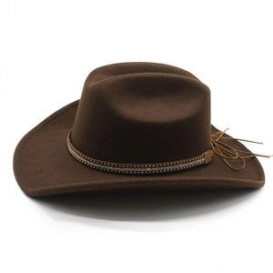 Detail of dark brown western cowboy hat with double-row rhinestone band and wool finish