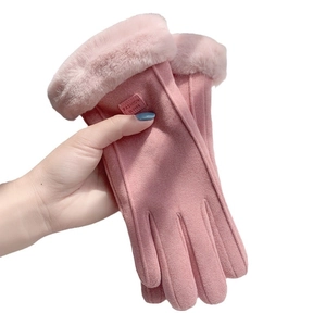 Pink winter thermal suede gloves for women featuring plush fur trim and touch screen tips