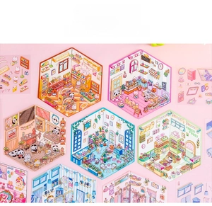 Detail showing 3D miniature shop stickers including florist and coffee shop PET themes