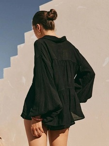 Women black lantern sleeve tiered shirt and shorts set for casual summer vacation