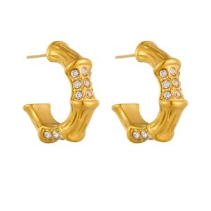 Classic gold-plated titanium steel bamboo earrings with zircon stones on white background
