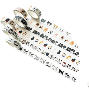 Set of 6 rolls of cute cartoon cat and paw print washi tape for journaling and crafts