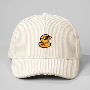 Corduroy baseball cap in creamy white with embroidered cute duck and sunshade visor