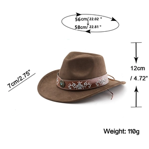 Detail view of brown faux suede cowboy hat showing embroidered band and dimensions