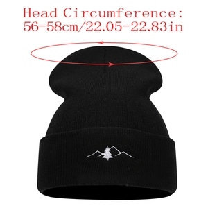 Mountain embroidery black knit beanie for outdoor warmth, fits head size 56-58cm