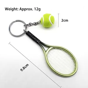 Tennis racket keychain with yellow ball pendant and silver ring 9.8cm length