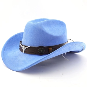 Detail of sky blue western cowboy hat with brown belt and silver bull head metal ornament