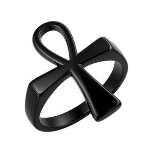 Black stainless steel Ankh cross ring with Anubis guardian god theme in 45-degree angle