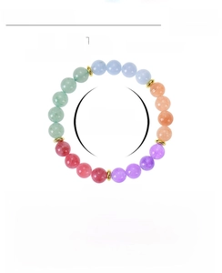 Detail of 8mm strawberry quartz and aquamarine beaded bracelet with adjustable cord