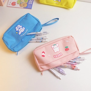 Dual-layer large capacity canvas pencil case with cute cartoon design for students
