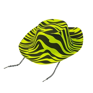 Neon yellow zebra pattern jazz hat with black stripes and adjustable chin strap