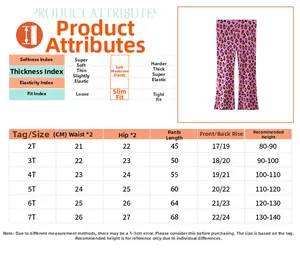Detailed size chart for girls' leopard print wide leg pants with length and waist specs